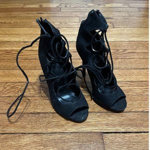 ALDO Lace Up High Heel Suede Pumps Womens Size 6 Black Open Toe 4.5" Heel